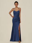 KissDress-Myka Navy Sheath Chiffon Spaghetti Straps Long Bridesmaid Dress with Sequins