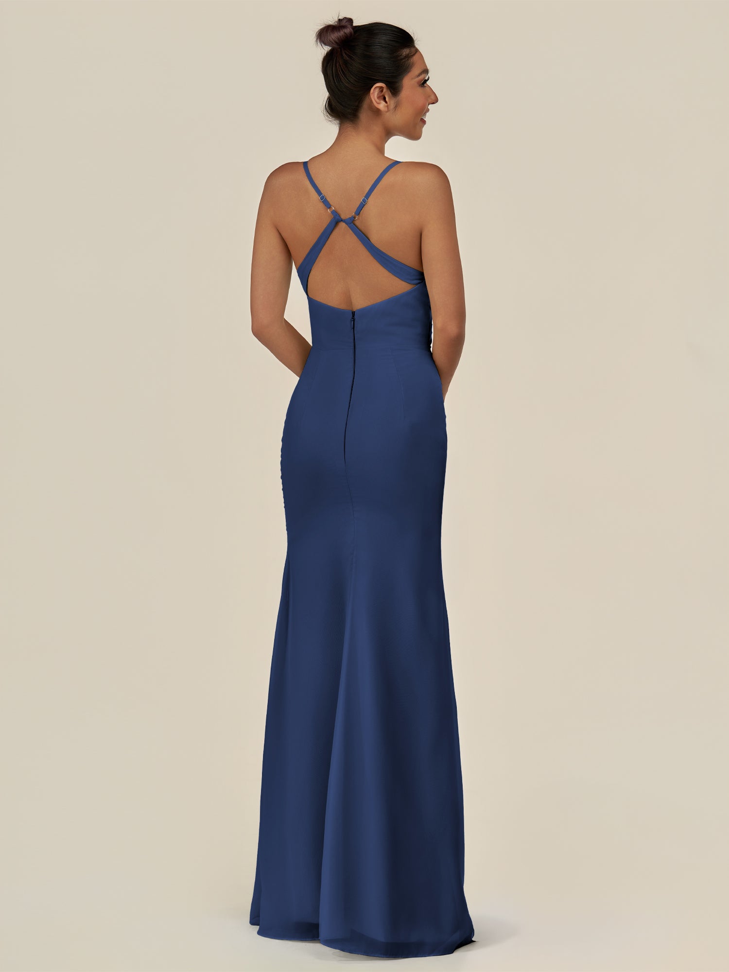 KissDress-Myka Navy Sheath Chiffon Spaghetti Straps Long Bridesmaid Dress with Sequins