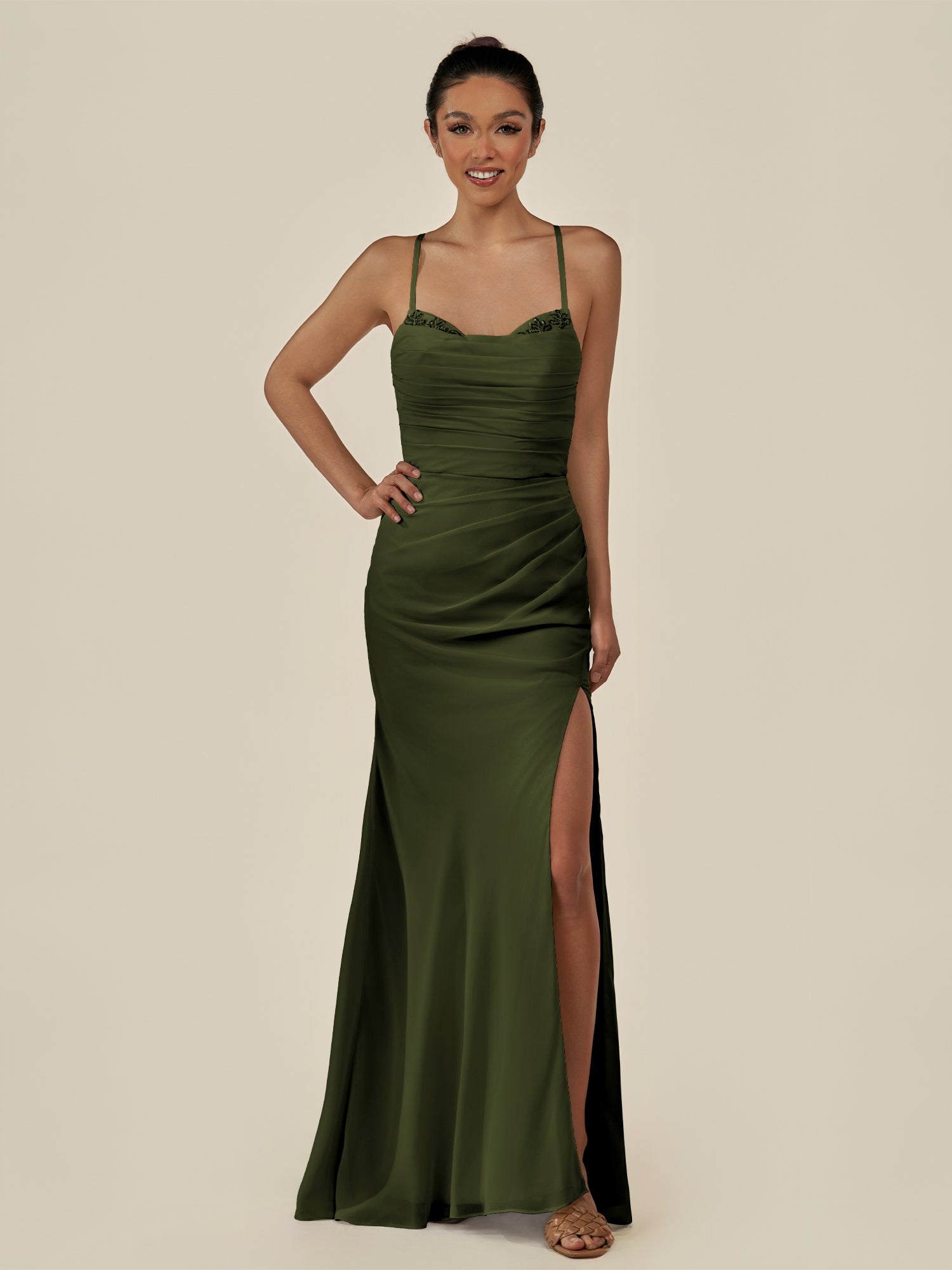 KissDress-Myka Olive Sheath Chiffon Spaghetti Straps Long Bridesmaid Dress with Sequins