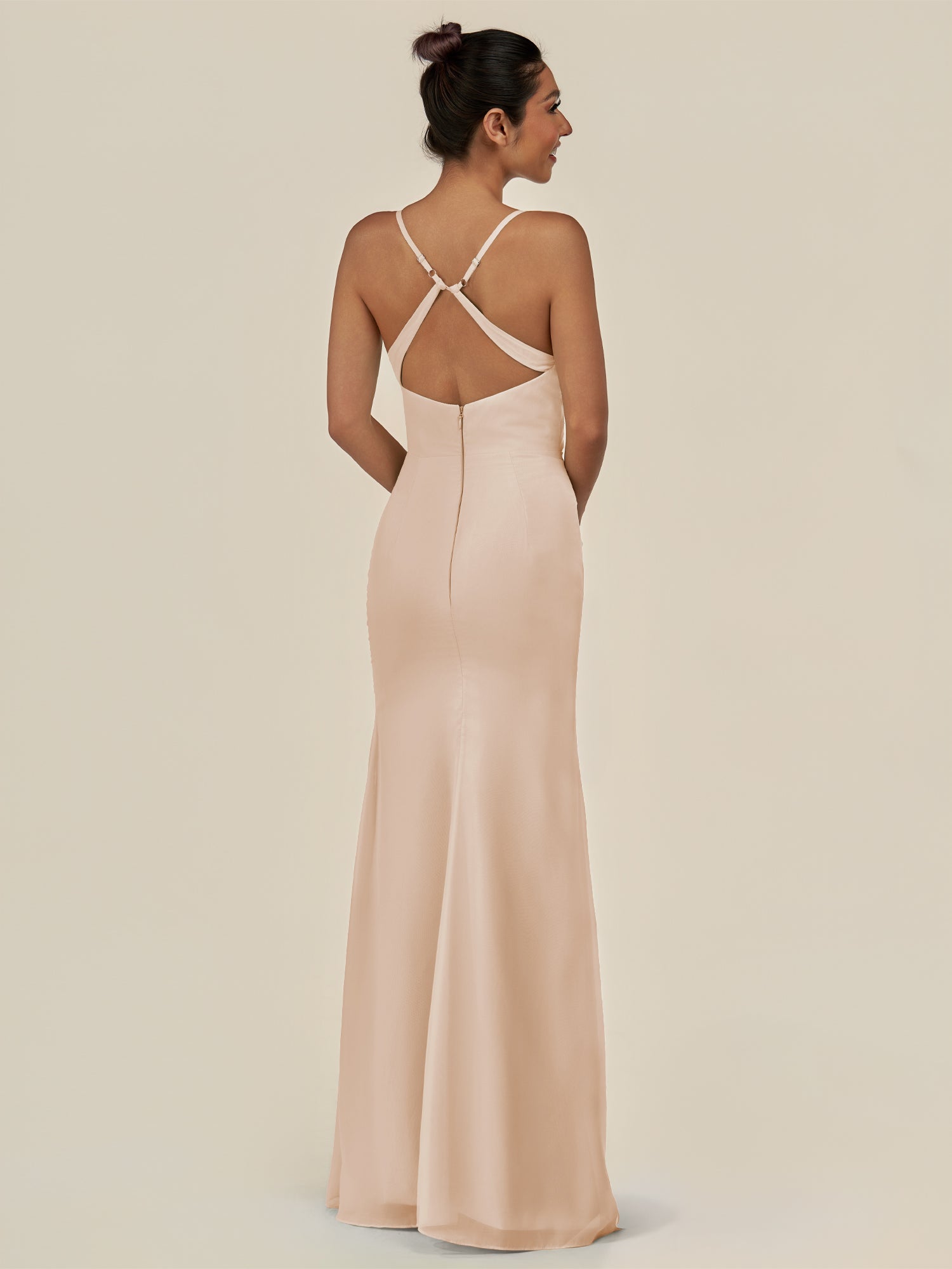 KissDress-Myka Pale Blush Sheath Chiffon Spaghetti Straps Long Bridesmaid Dress with Sequins