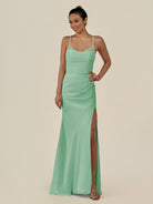 KissDress-Myka Pale Pistachio Sheath Chiffon Spaghetti Straps Long Bridesmaid Dress with Sequins