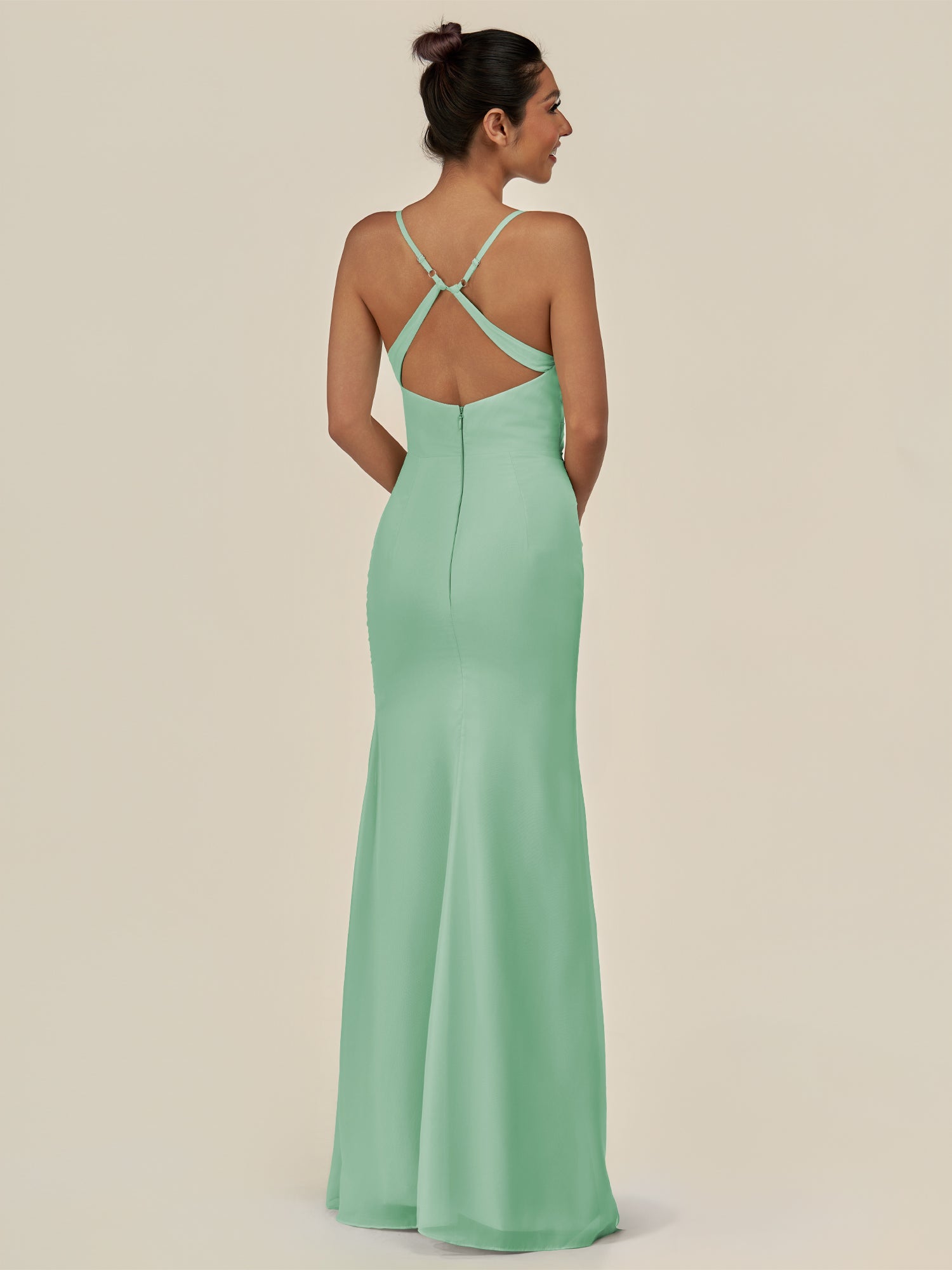 KissDress-Myka Pale Pistachio Sheath Chiffon Spaghetti Straps Long Bridesmaid Dress with Sequins