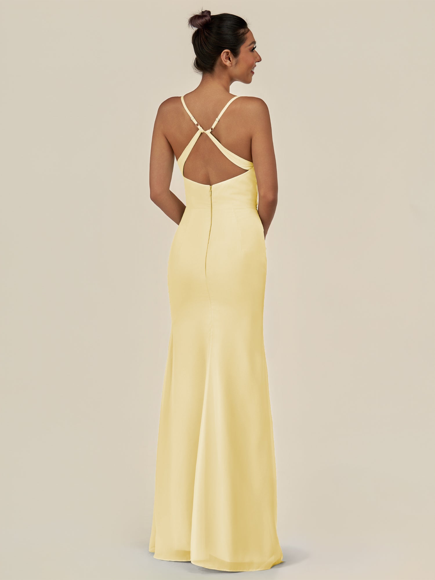 KissDress-Myka Pastel Yellow Sheath Chiffon Spaghetti Straps Long Bridesmaid Dress with Sequins