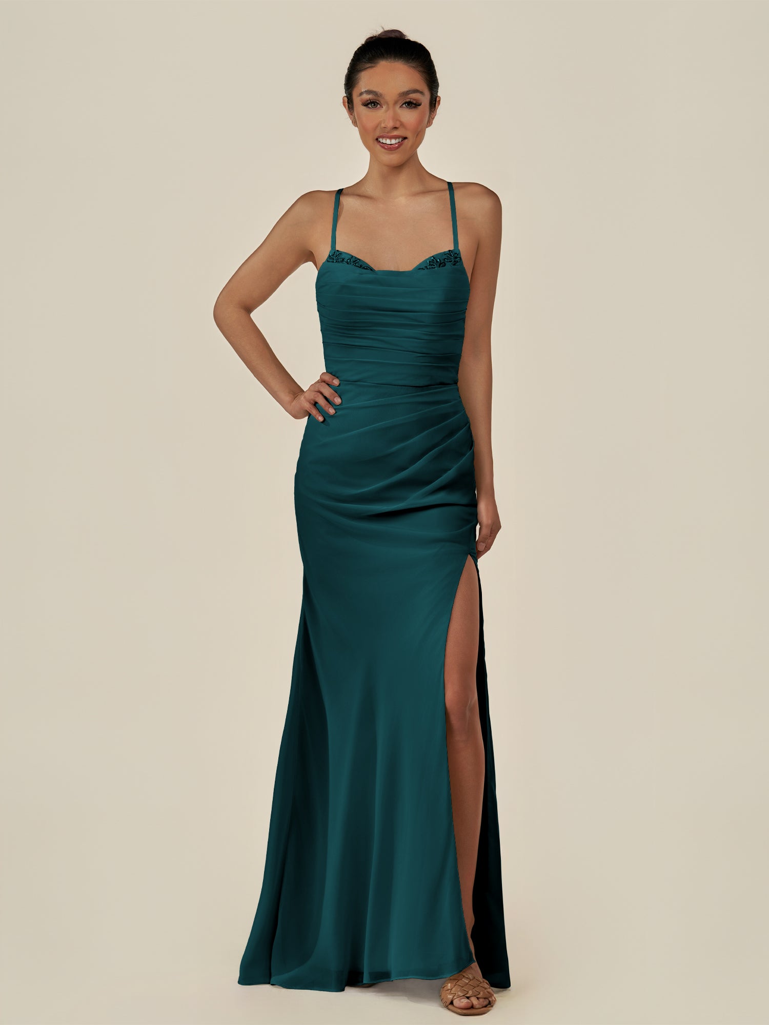KissDress-Myka Pine Sheath Chiffon Spaghetti Straps Long Bridesmaid Dress with Sequins