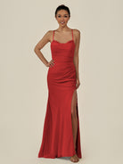 KissDress-Myka Ruby Red Sheath Chiffon Spaghetti Straps Long Bridesmaid Dress with Sequins