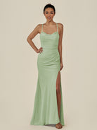 KissDress-Myka Sage Sheath Chiffon Spaghetti Straps Long Bridesmaid Dress with Sequins