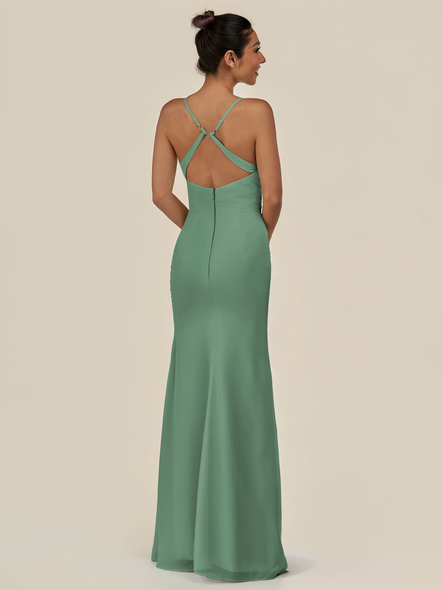 KissDress-Myka Sea Glass Sheath Chiffon Spaghetti Straps Long Bridesmaid Dress with Sequins