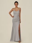 KissDress-Myka Silver Sheath Chiffon Spaghetti Straps Long Bridesmaid Dress with Sequins