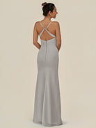 KissDress-Myka Silver Sheath Chiffon Spaghetti Straps Long Bridesmaid Dress with Sequins