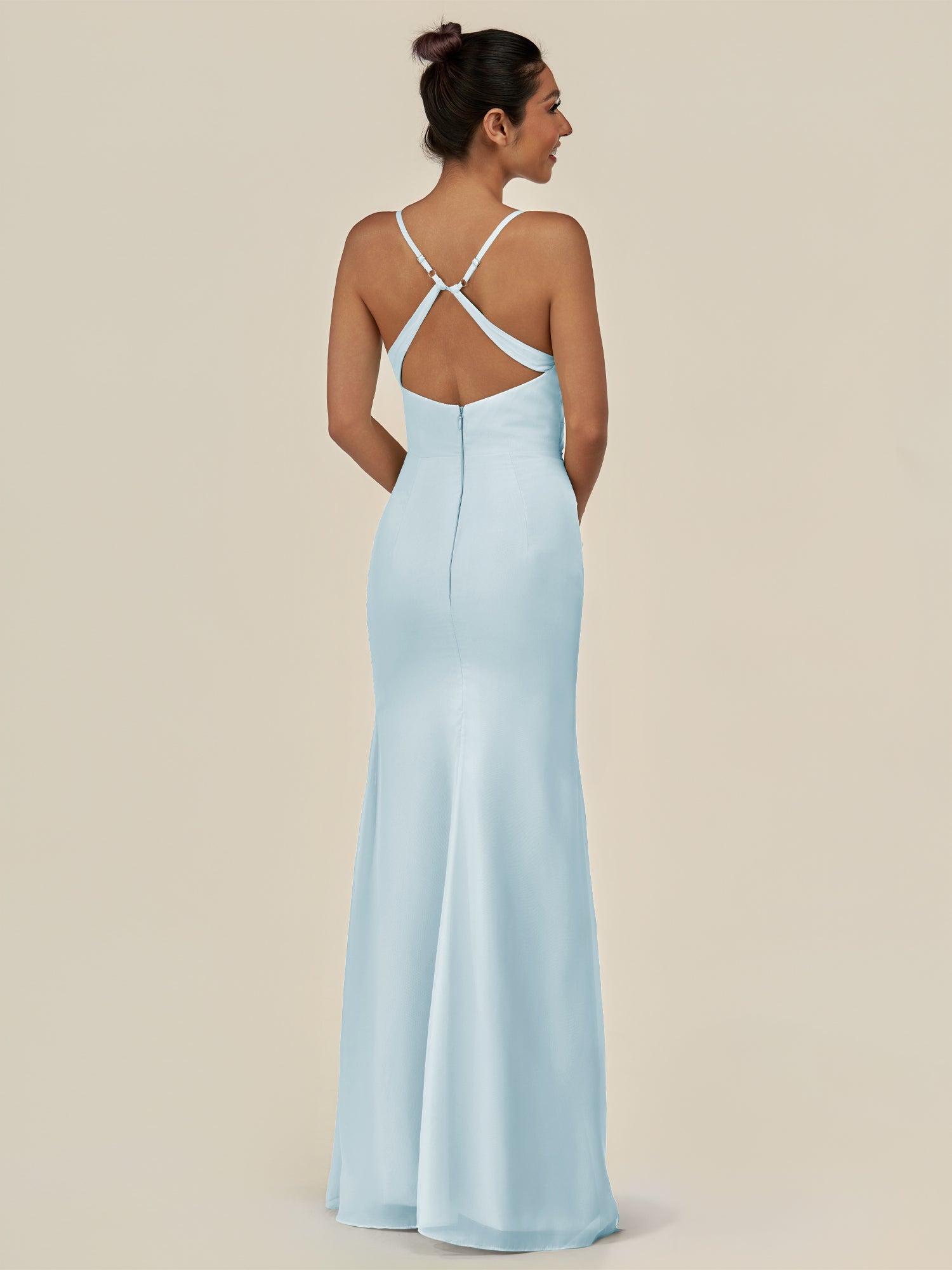 KissDress-Myka Sky Blue Sheath Chiffon Spaghetti Straps Long Bridesmaid Dress with Sequins
