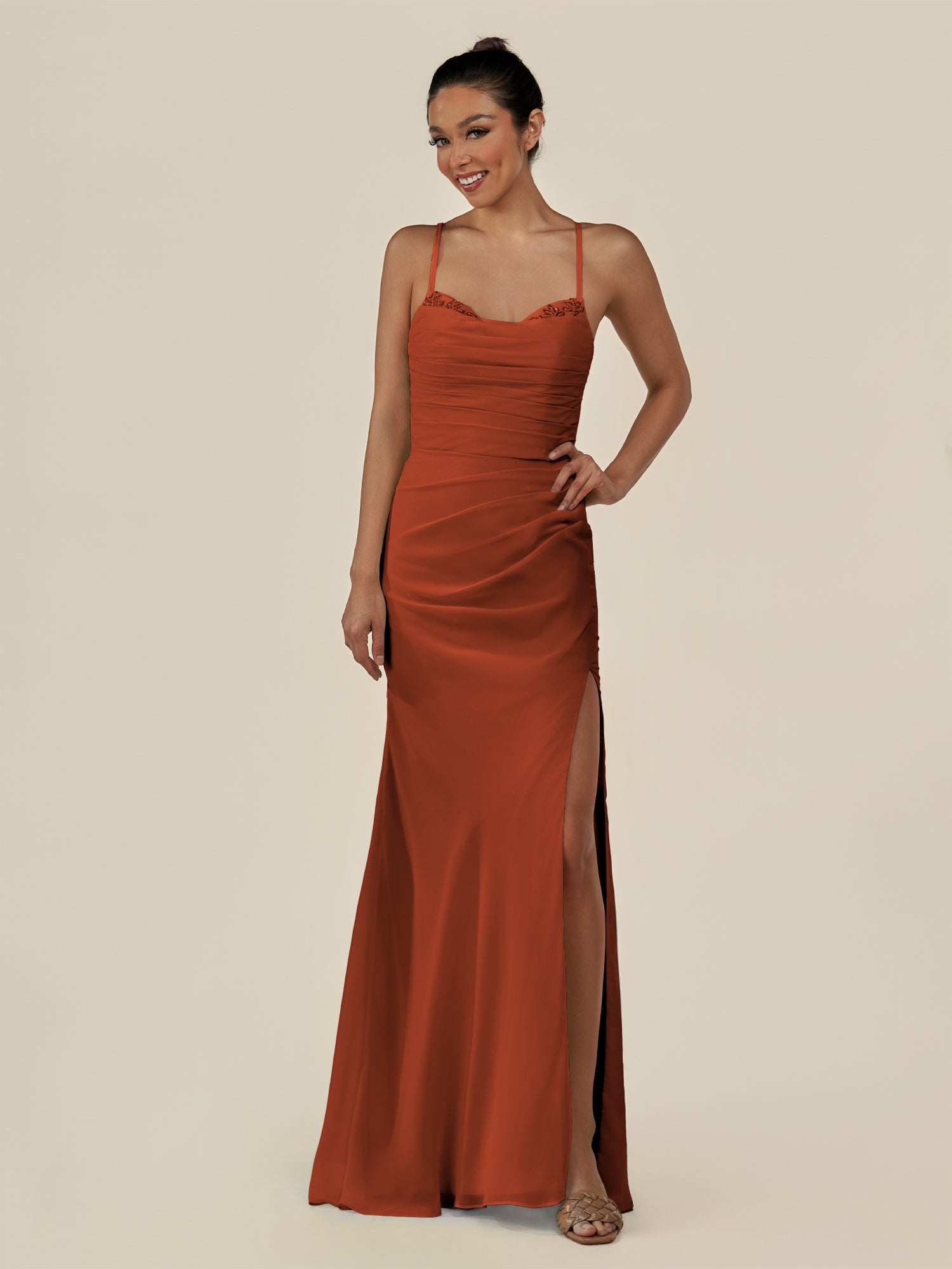 KissDress-Myka Spice Sheath Chiffon Spaghetti Straps Long Bridesmaid Dress with Sequins