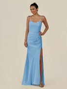 KissDress-Myka Steel Blue Sheath Chiffon Spaghetti Straps Long Bridesmaid Dress with Sequins
