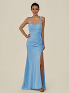 KissDress-Myka Steel Blue Sheath Chiffon Spaghetti Straps Long Bridesmaid Dress with Sequins
