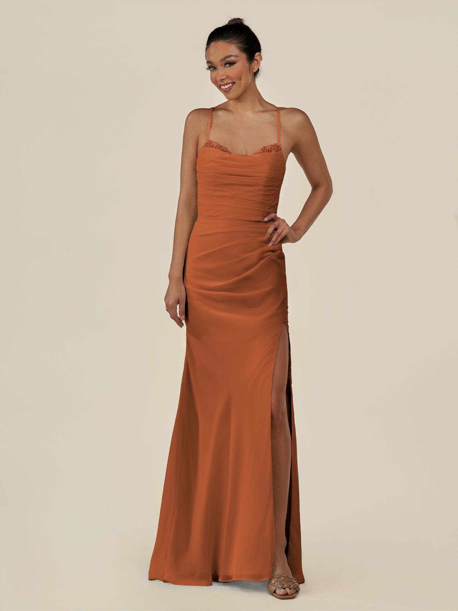 KissDress-Myka Terracotta Sheath Chiffon Spaghetti Straps Long Bridesmaid Dress with Sequins