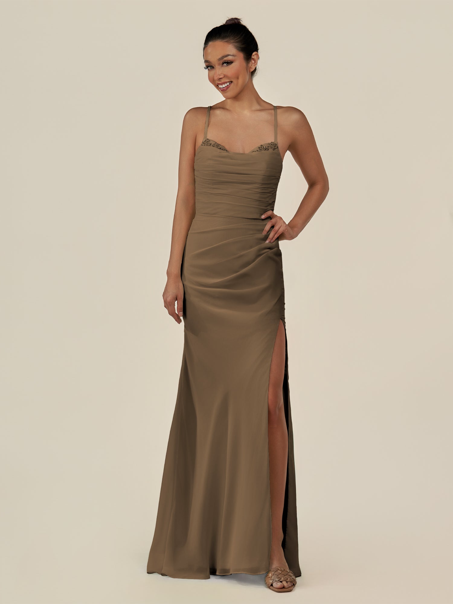 KissDress-Myka Willow Green Sheath Chiffon Spaghetti Straps Long Bridesmaid Dress with Sequins