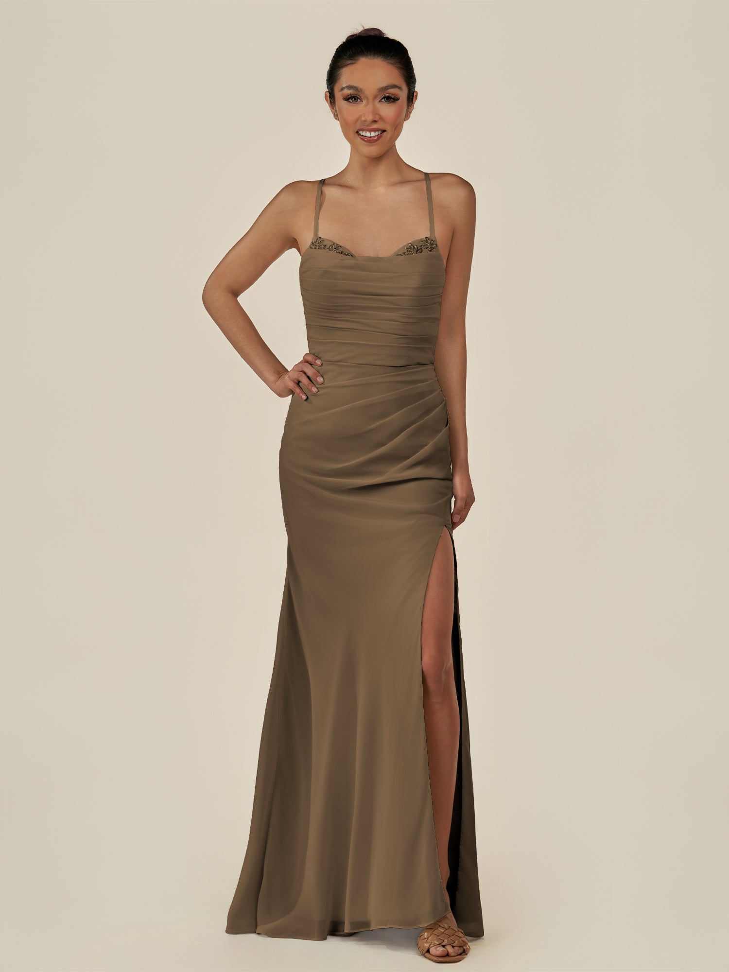KissDress-Myka Willow Green Sheath Chiffon Spaghetti Straps Long Bridesmaid Dress with Sequins