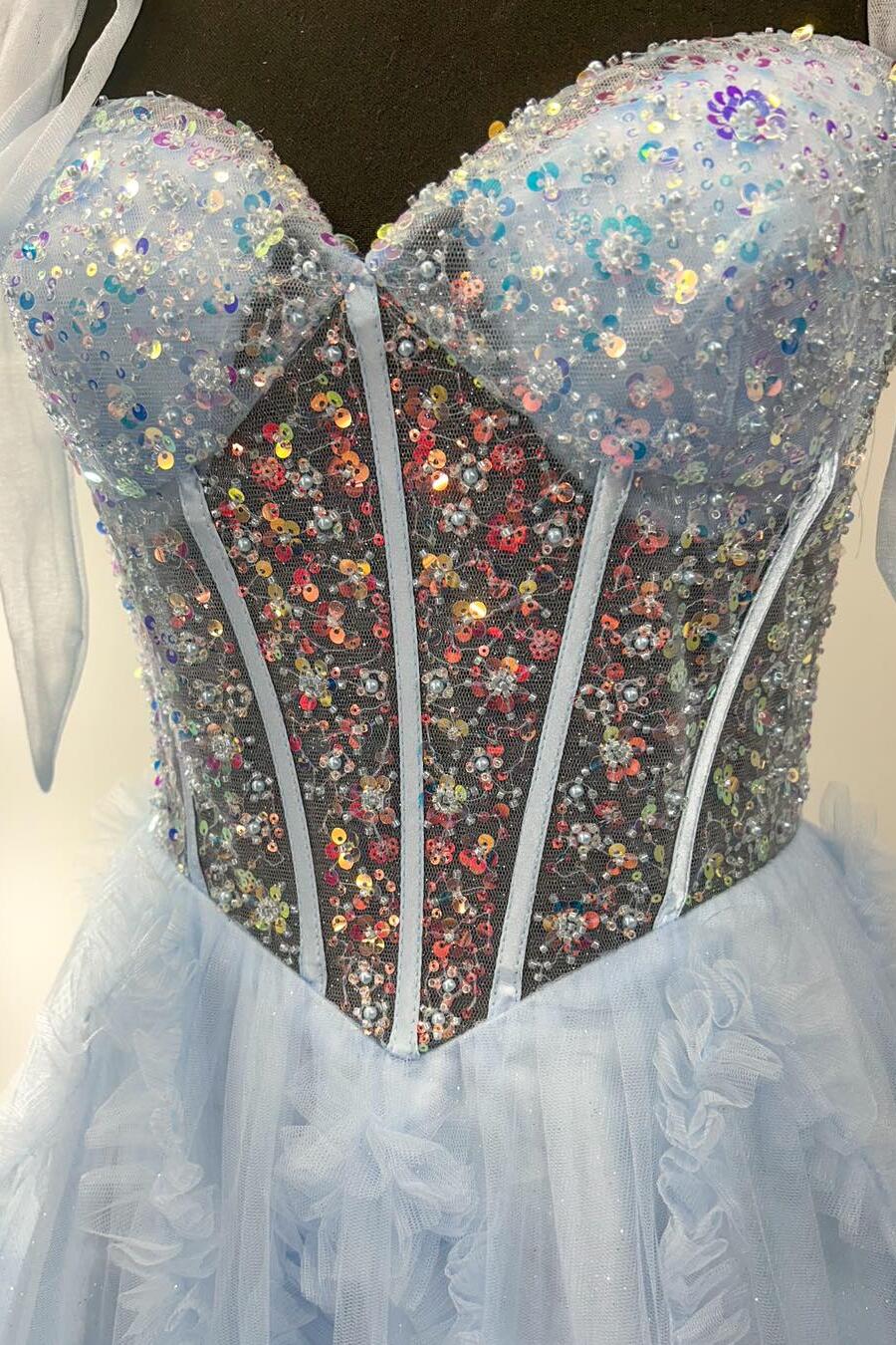 Blue Spaghetti Straps Sequins Tulle A Line Prom Dress