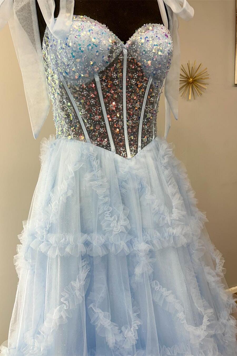 Blue Spaghetti Straps Sequins Tulle A Line Prom Dress
