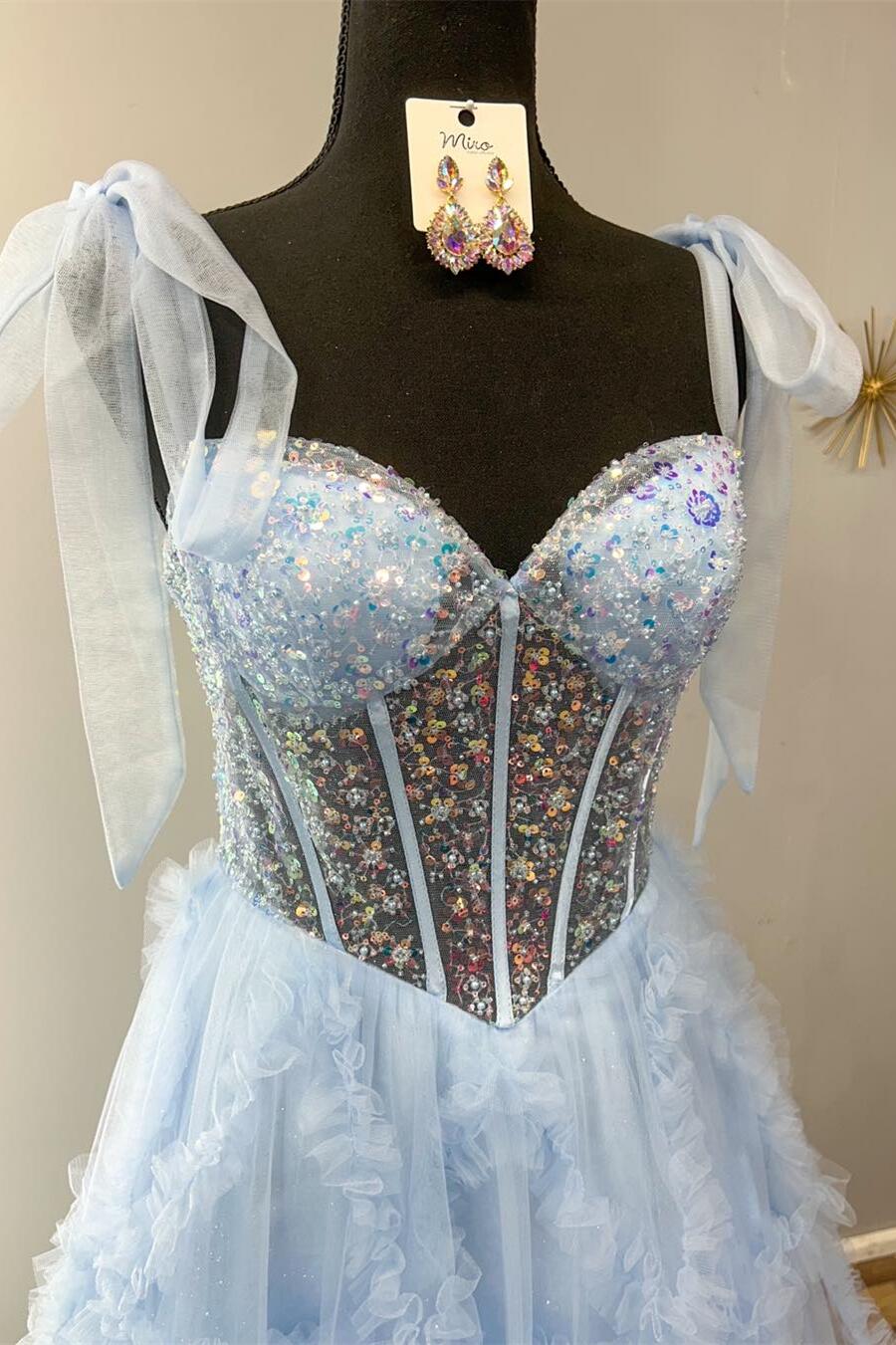 Blue Spaghetti Straps Sequins Tulle A Line Prom Dress