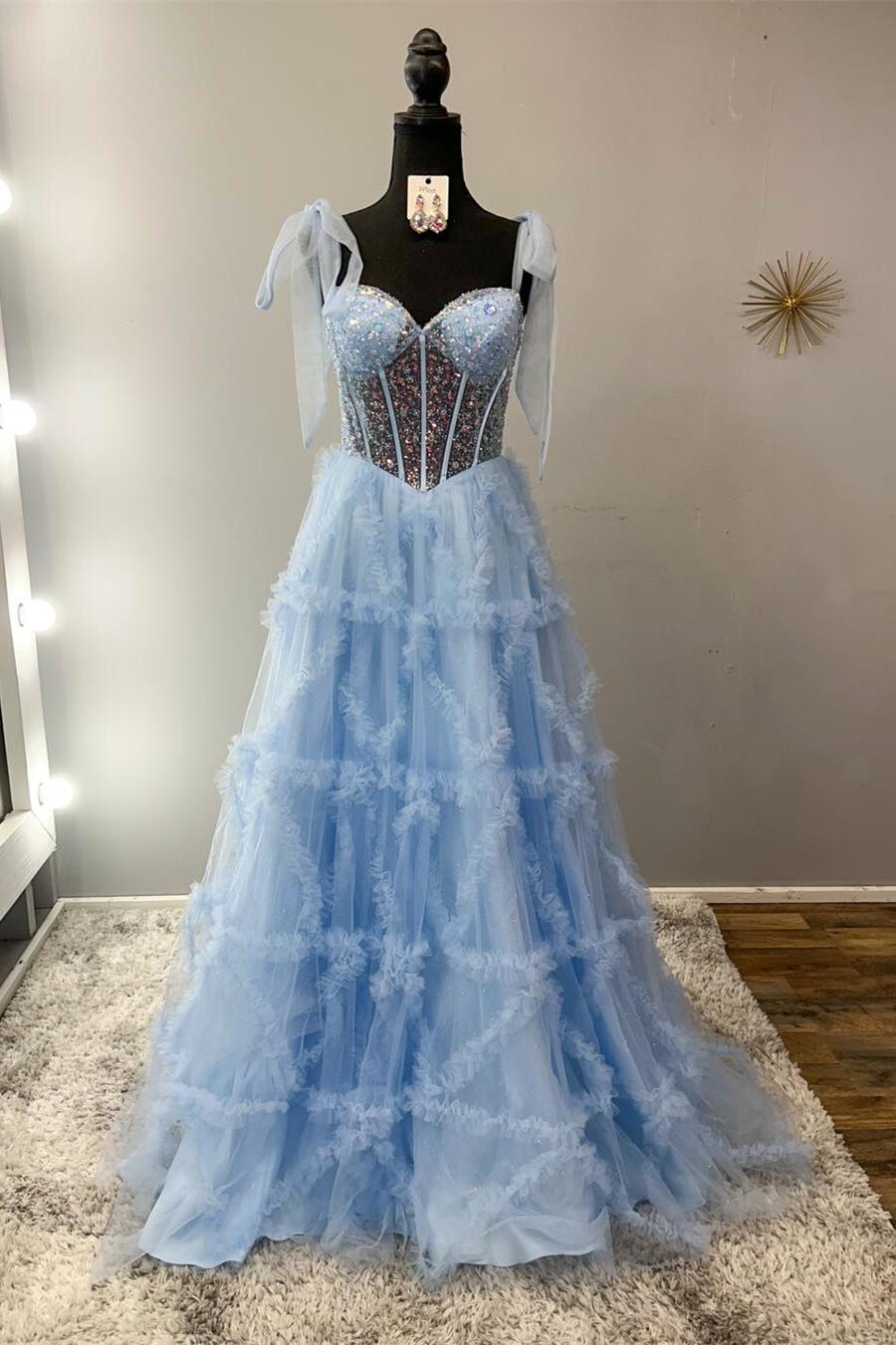 Blue Spaghetti Straps Sequins Tulle A Line Prom Dress