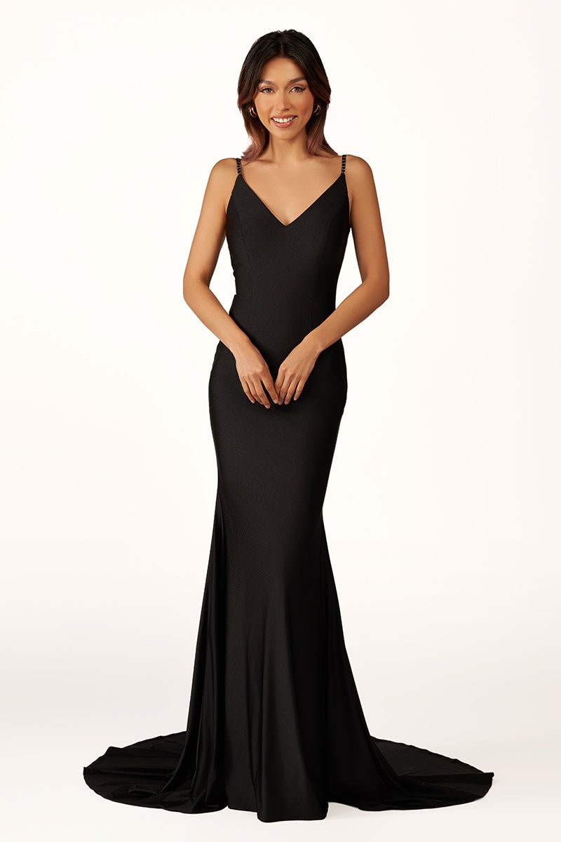 Navy Blue Beaded V - Neck Backless Mermaid Long Prom Dress - KissProm