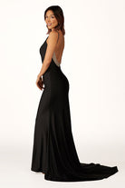Navy Blue Beaded V - Neck Backless Mermaid Long Prom Dress - KissProm
