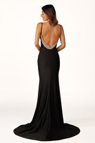 Navy Blue Beaded V - Neck Backless Mermaid Long Prom Dress - KissProm