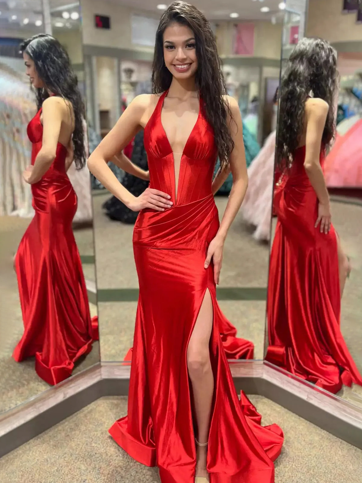 Navy Halter Corset Mermaid Plunging Deep V-neck Ruched Long Formal Dress with Slit