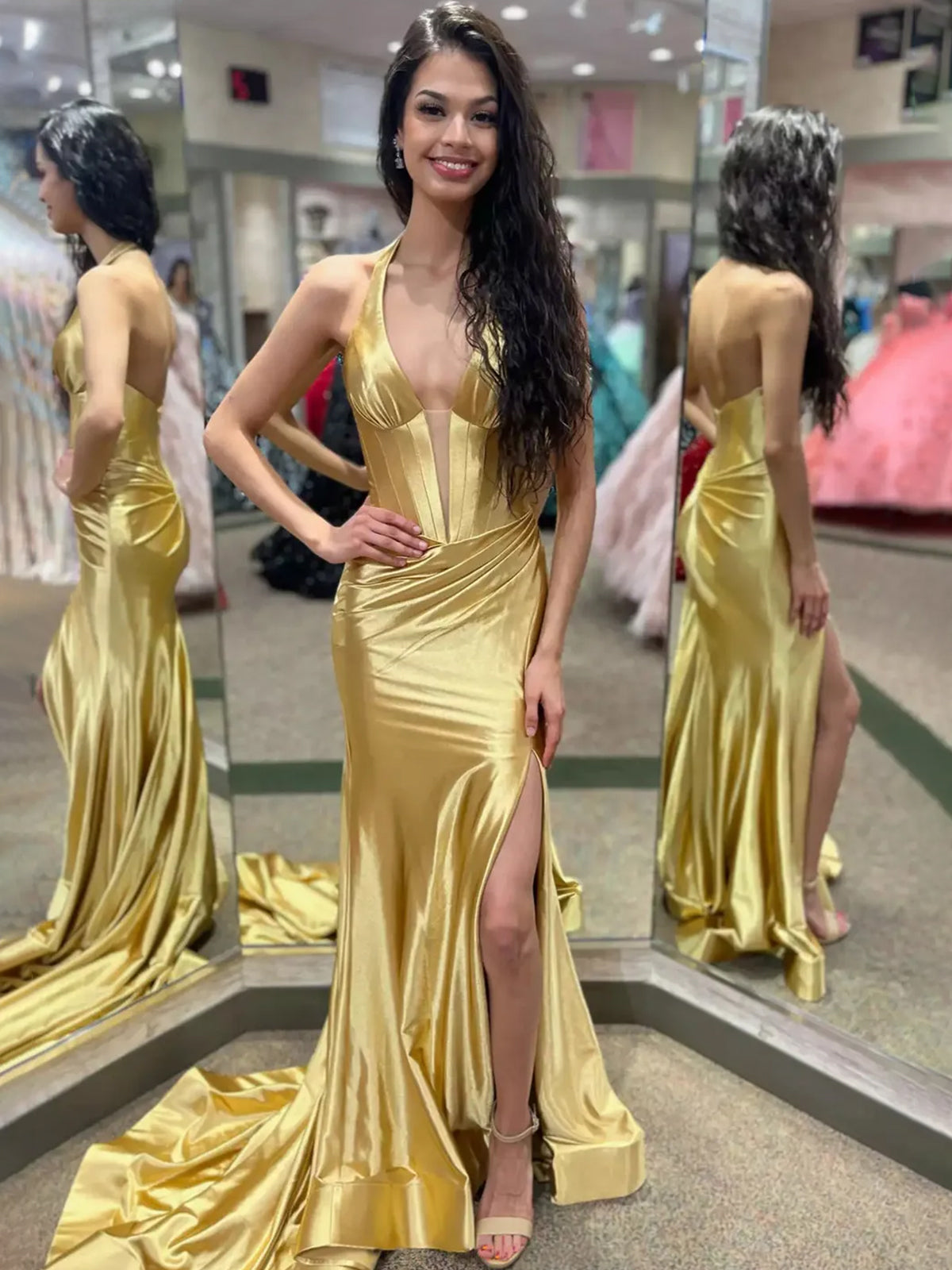Navy Halter Corset Mermaid Plunging Deep V-neck Ruched Long Formal Dress with Slit
