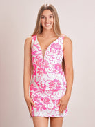 Nerys | Orange Plunging Neckline Floral Sequins Short Tight Homecoming Dress - KissProm