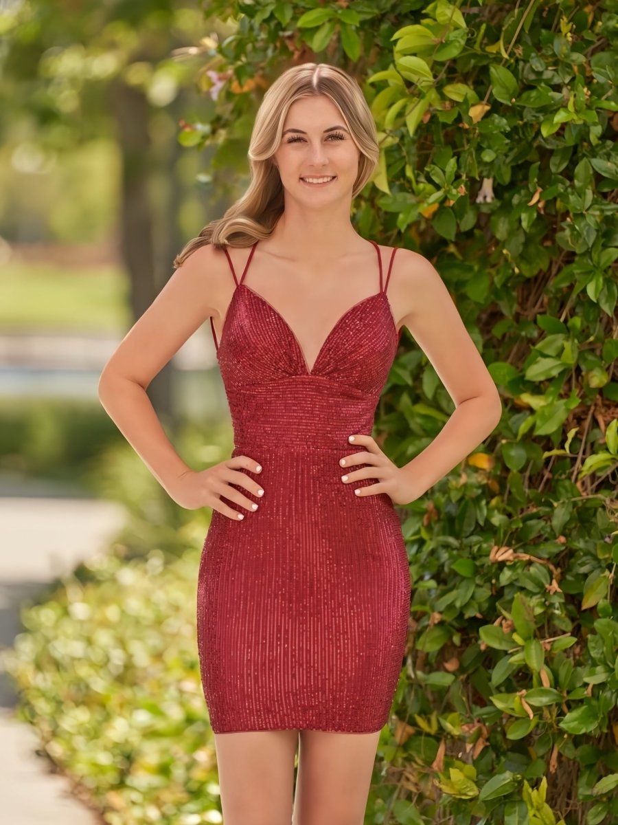 Nigella | Bodycon V Neck Burgundy Sequins Short Homecoming Dress - KissProm