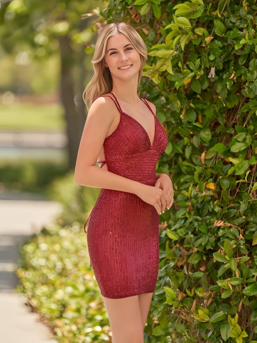 Nigella | Bodycon V Neck Burgundy Sequins Short Homecoming Dress - KissProm