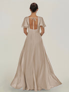 KissDress-Nira Almond A Line Chiffon Cap Sleeves V Neck Long Bridesmaid Dress with Slit