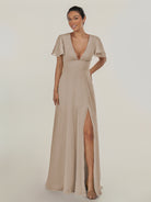 KissDress-Nira Almond A Line Chiffon Cap Sleeves V Neck Long Bridesmaid Dress with Slit