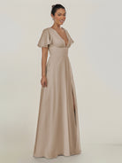 KissDress-Nira Almond A Line Chiffon Cap Sleeves V Neck Long Bridesmaid Dress with Slit