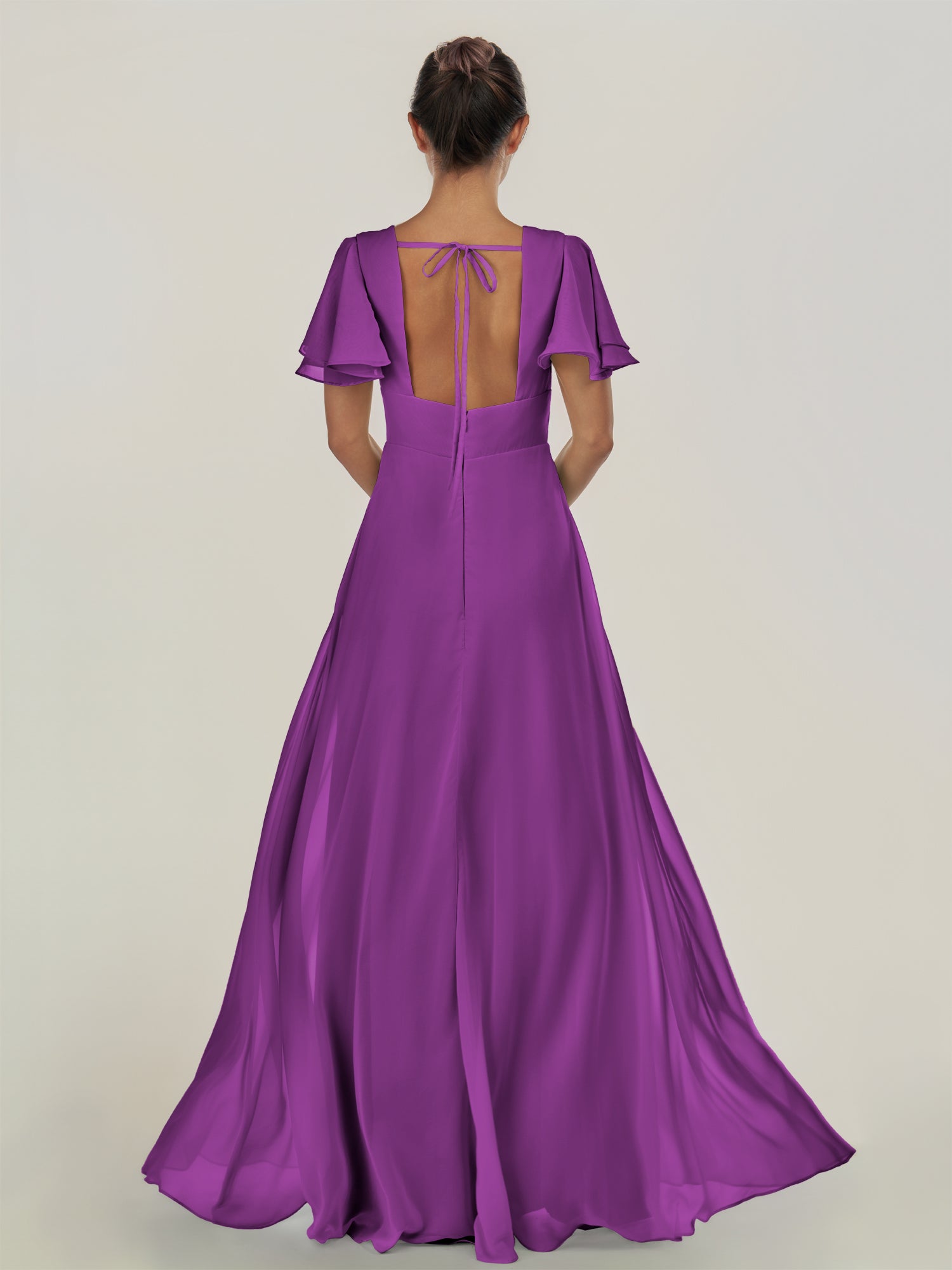KissDress-Nira Amethyst A Line Chiffon Cap Sleeves V Neck Long Bridesmaid Dress with Slit