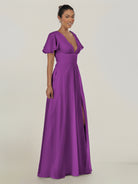 KissDress-Nira Amethyst A Line Chiffon Cap Sleeves V Neck Long Bridesmaid Dress with Slit