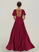 KissDress-Nira Berry A Line Chiffon Cap Sleeves V Neck Long Bridesmaid Dress with Slit
