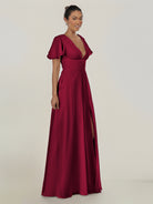KissDress-Nira Berry A Line Chiffon Cap Sleeves V Neck Long Bridesmaid Dress with Slit