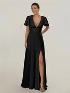 KissDress-Nira Black A Line Chiffon Cap Sleeves V Neck Long Bridesmaid Dress with Slit