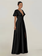 KissDress-Nira Black A Line Chiffon Cap Sleeves V Neck Long Bridesmaid Dress with Slit