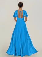KissDress-Nira Blue Jay A Line Chiffon Cap Sleeves V Neck Long Bridesmaid Dress with Slit