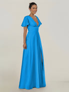 KissDress-Nira Blue Jay A Line Chiffon Cap Sleeves V Neck Long Bridesmaid Dress with Slit