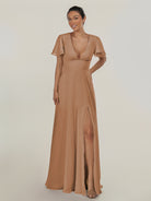 KissDress-Nira Bronzer A Line Chiffon Cap Sleeves V Neck Long Bridesmaid Dress with Slit