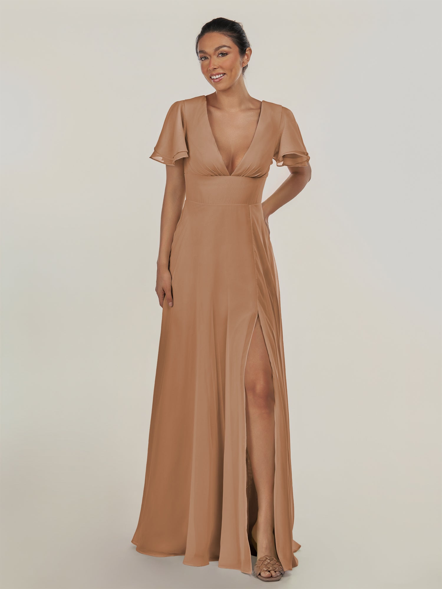 KissDress-Nira Bronzer A Line Chiffon Cap Sleeves V Neck Long Bridesmaid Dress with Slit