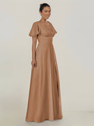 KissDress-Nira Bronzer A Line Chiffon Cap Sleeves V Neck Long Bridesmaid Dress with Slit