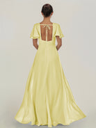 KissDress-Nira Buttercup A Line Chiffon Cap Sleeves V Neck Long Bridesmaid Dress with Slit
