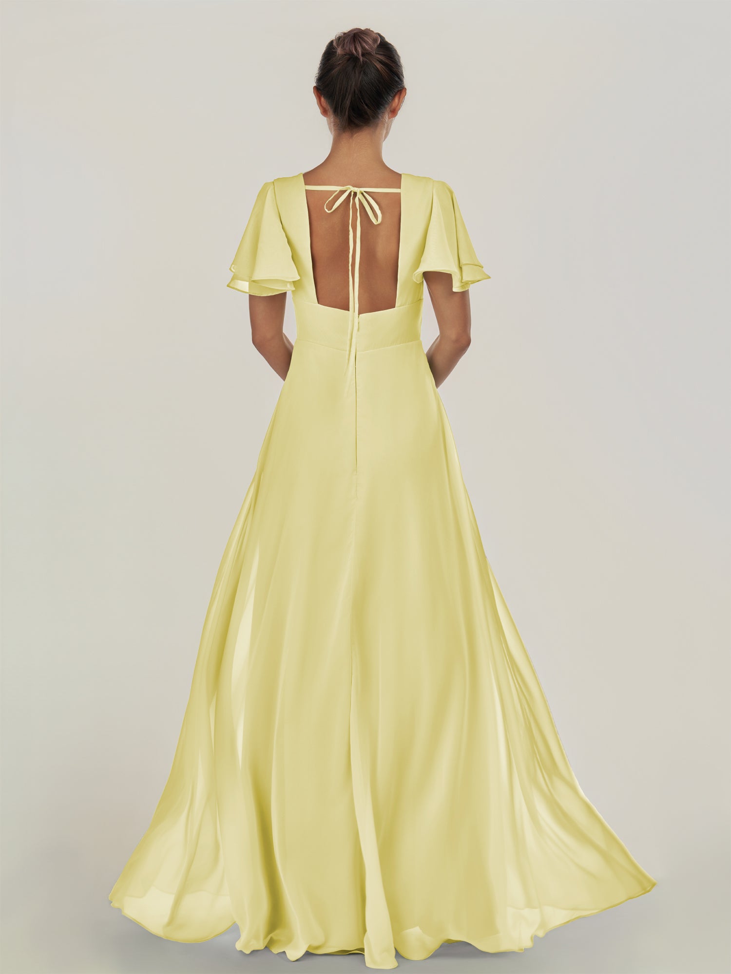 KissDress-Nira Buttercup A Line Chiffon Cap Sleeves V Neck Long Bridesmaid Dress with Slit