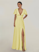 KissDress-Nira Buttercup A Line Chiffon Cap Sleeves V Neck Long Bridesmaid Dress with Slit