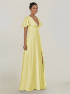 KissDress-Nira Buttercup A Line Chiffon Cap Sleeves V Neck Long Bridesmaid Dress with Slit